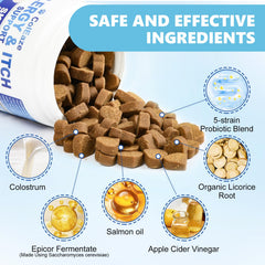 ColEaze Dog Allergy Chews ingredients panel emphasizing colostrum and probiotics.