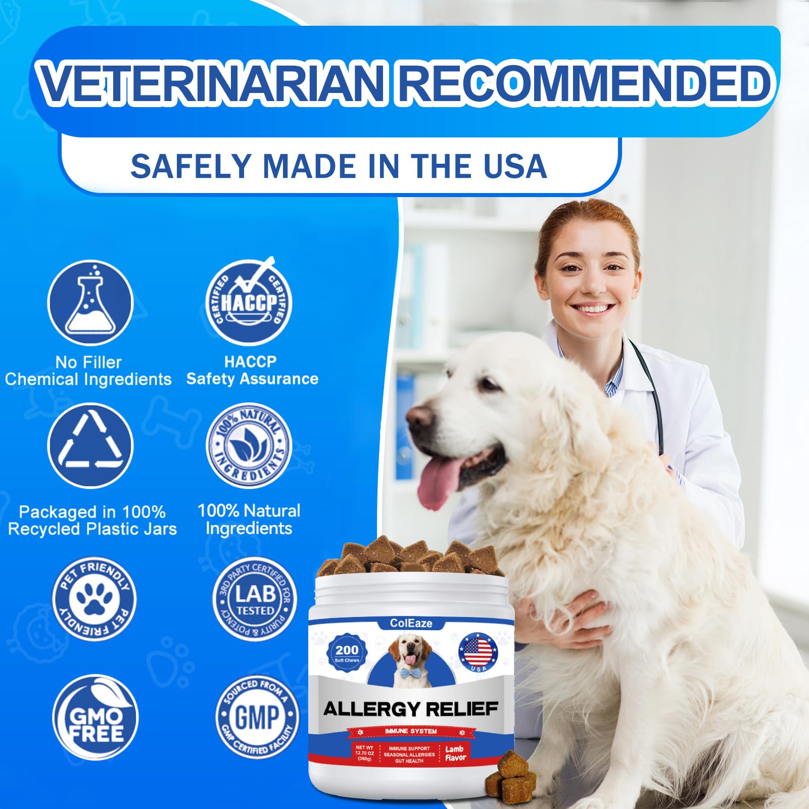 ColEaze dog allergy chews omega-3-rich image emphasizes coat and joint health potential