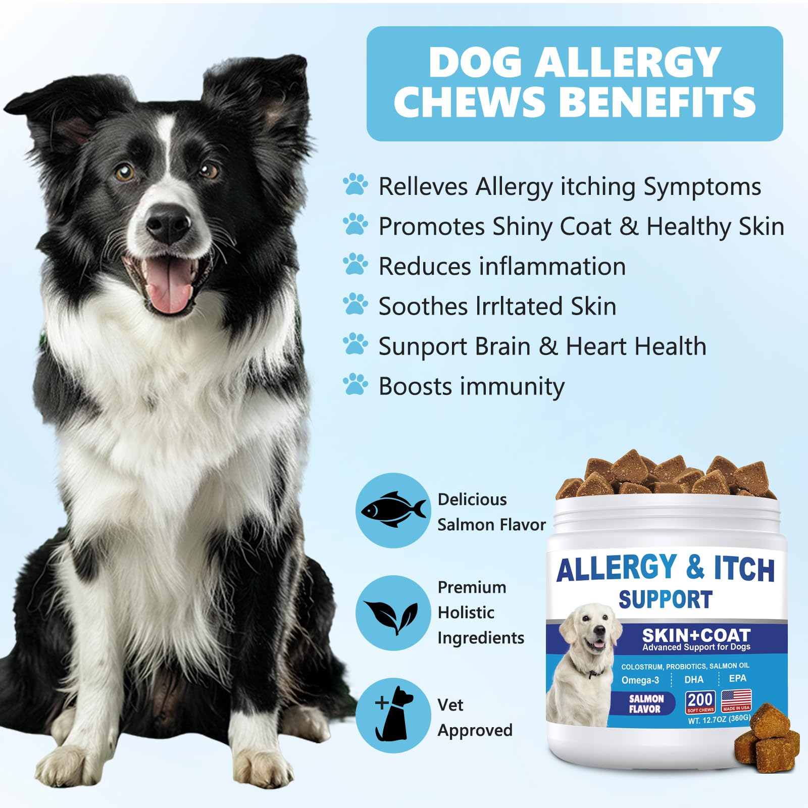 ColEaze Dog Allergy Chews packaging highlighting vet-formulated skin care.