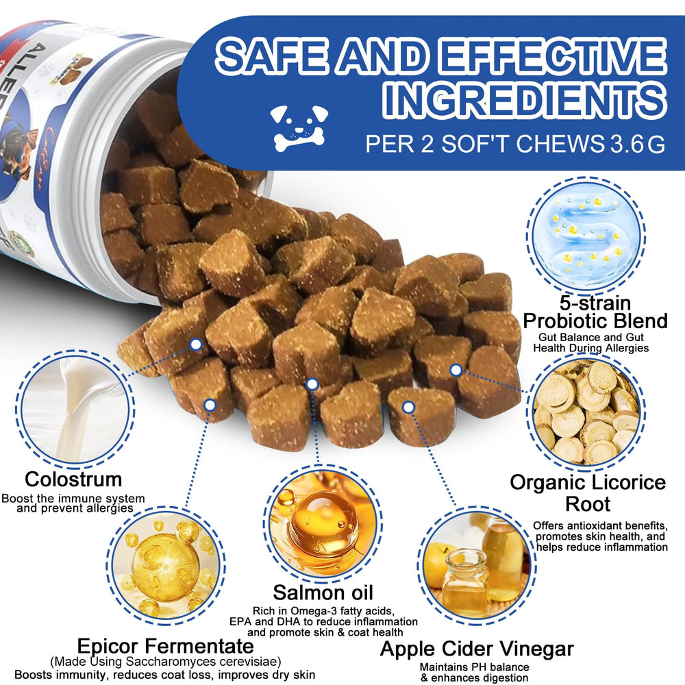 ColEaze dog allergy chews probiotics-omega-3 ingredient shot highlights gut and skin nourishment