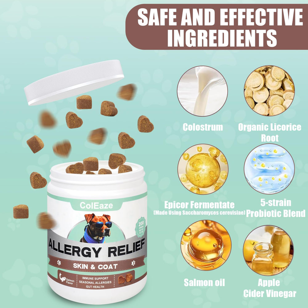 ColEaze dog-allergy-chews-probiotics label highlights digestion and immune support.