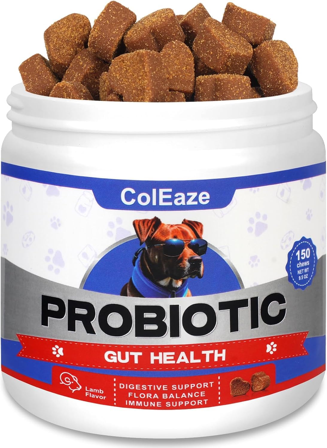 ColEaze dog probiotics chews bottle shown for gut health support
