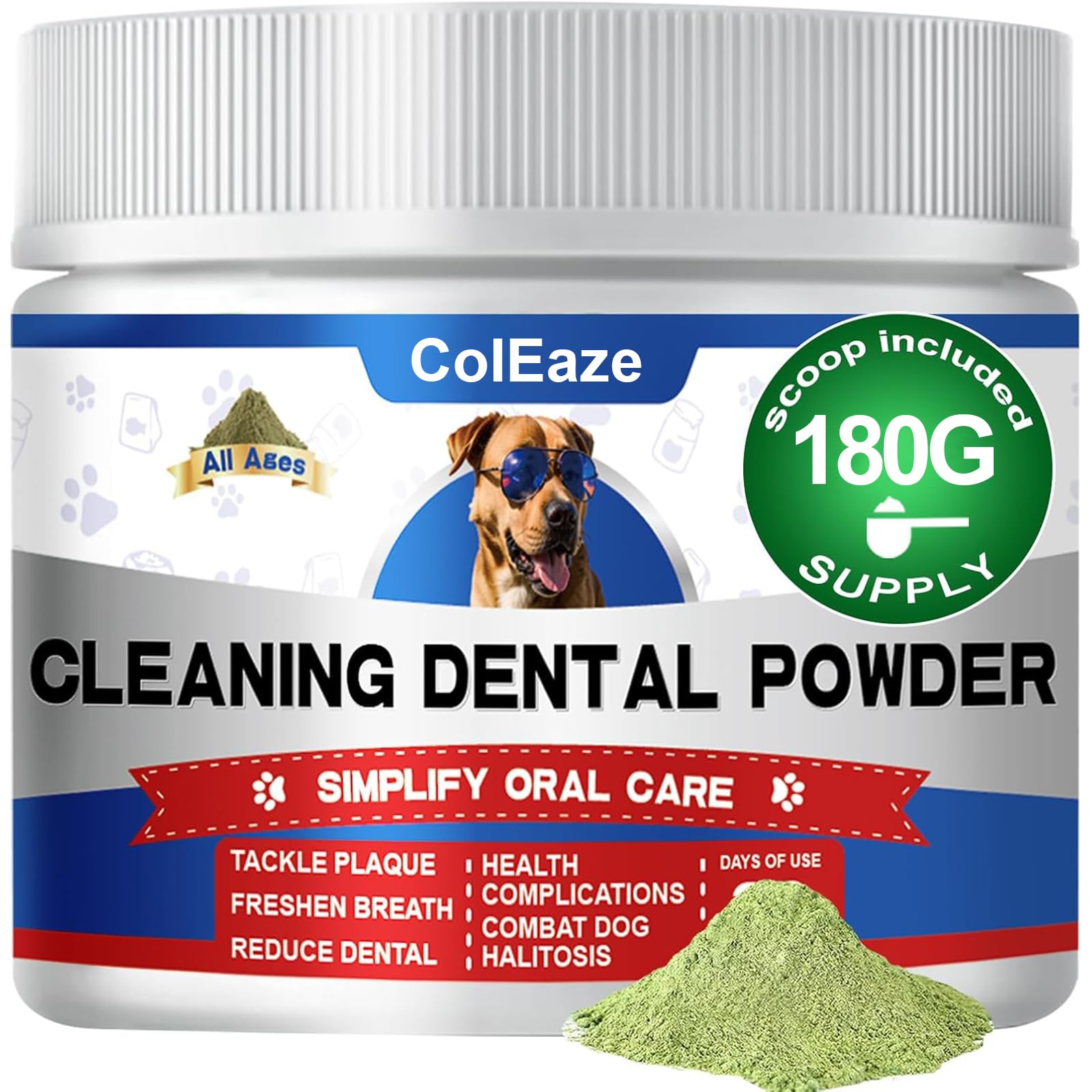 Coleaze dog teeth powder tub ready for simple, daily oral care at home.