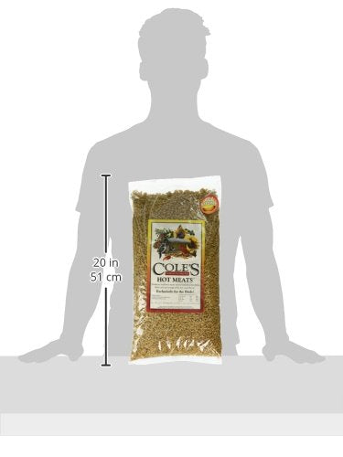 Cole's Hot Meats bird seed on feeder attracts sunflower-loving birds with spicy flavor.