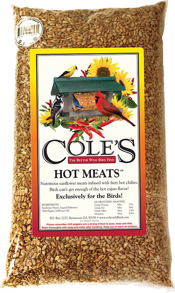Cole's Hot Meats bird seed open bag highlights natural ingredients for vibrant bird visits.