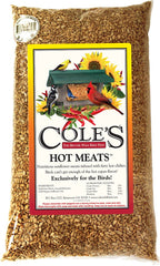 Cole's Hot Meats bird seed open bag highlights natural ingredients for vibrant bird visits.