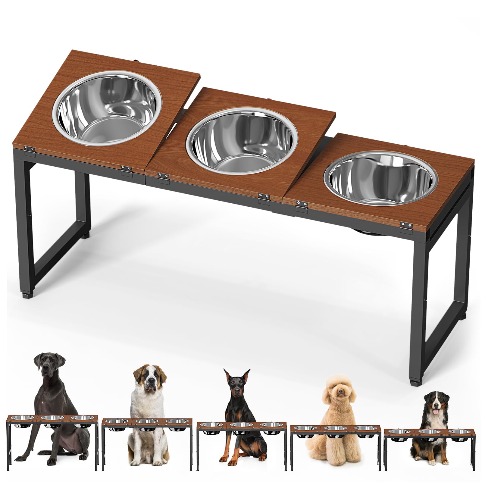 Colewin iron-frame stand with three stainless steel bowls for feeding.
