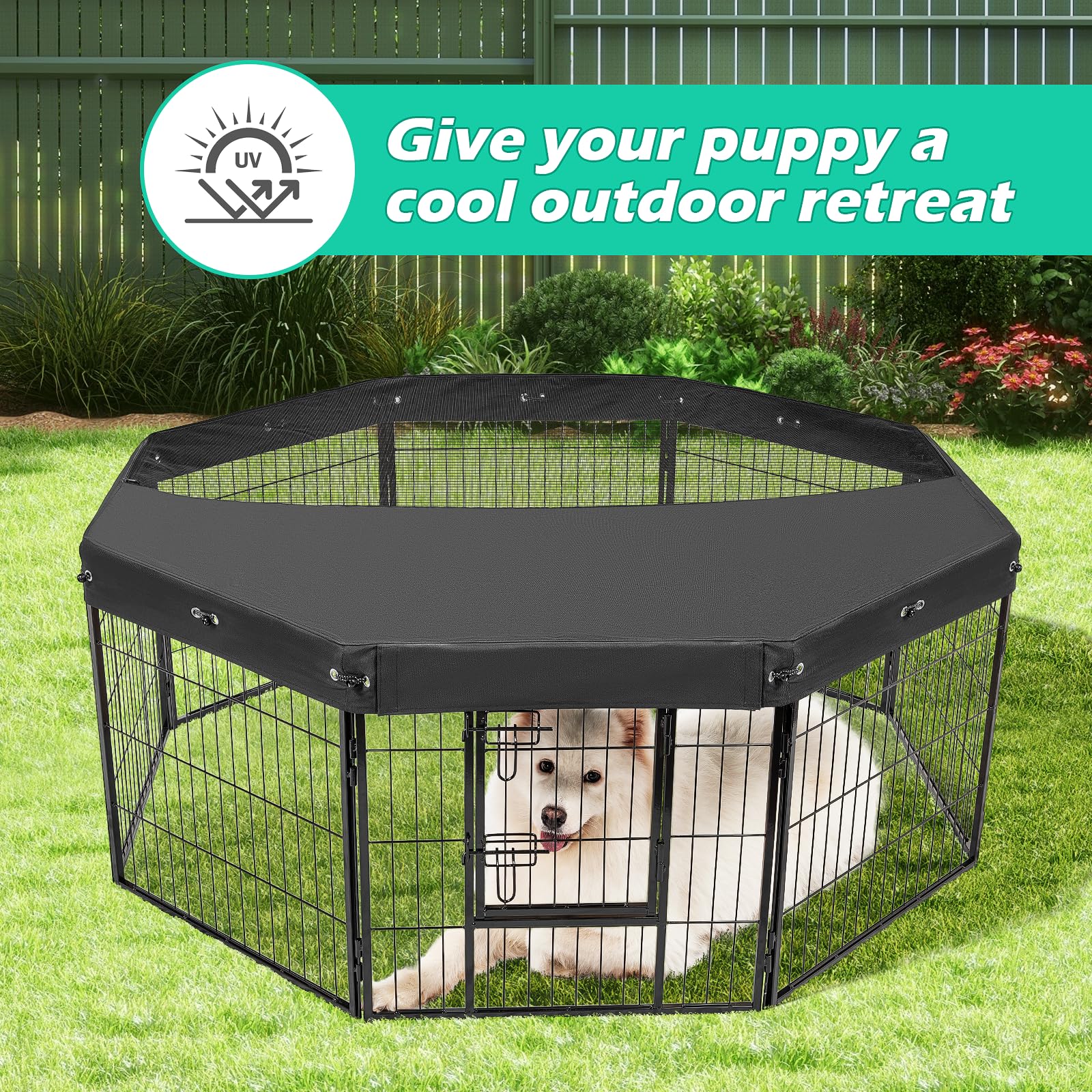 Colewin dog playpen cover top view illustrates shade and airflow.