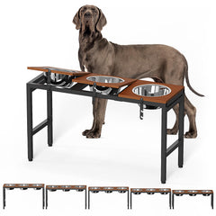 Colewin elevated bowls with wooden platform in grained oak for large dogs.