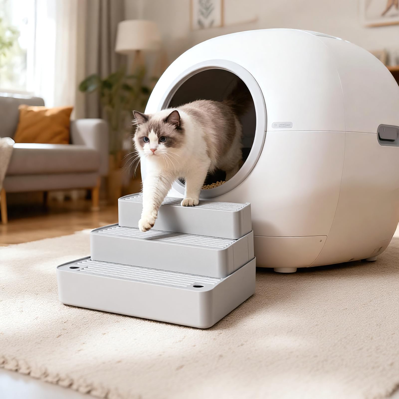 Colewin light grey step blends with home decor while helping cats enter easily.