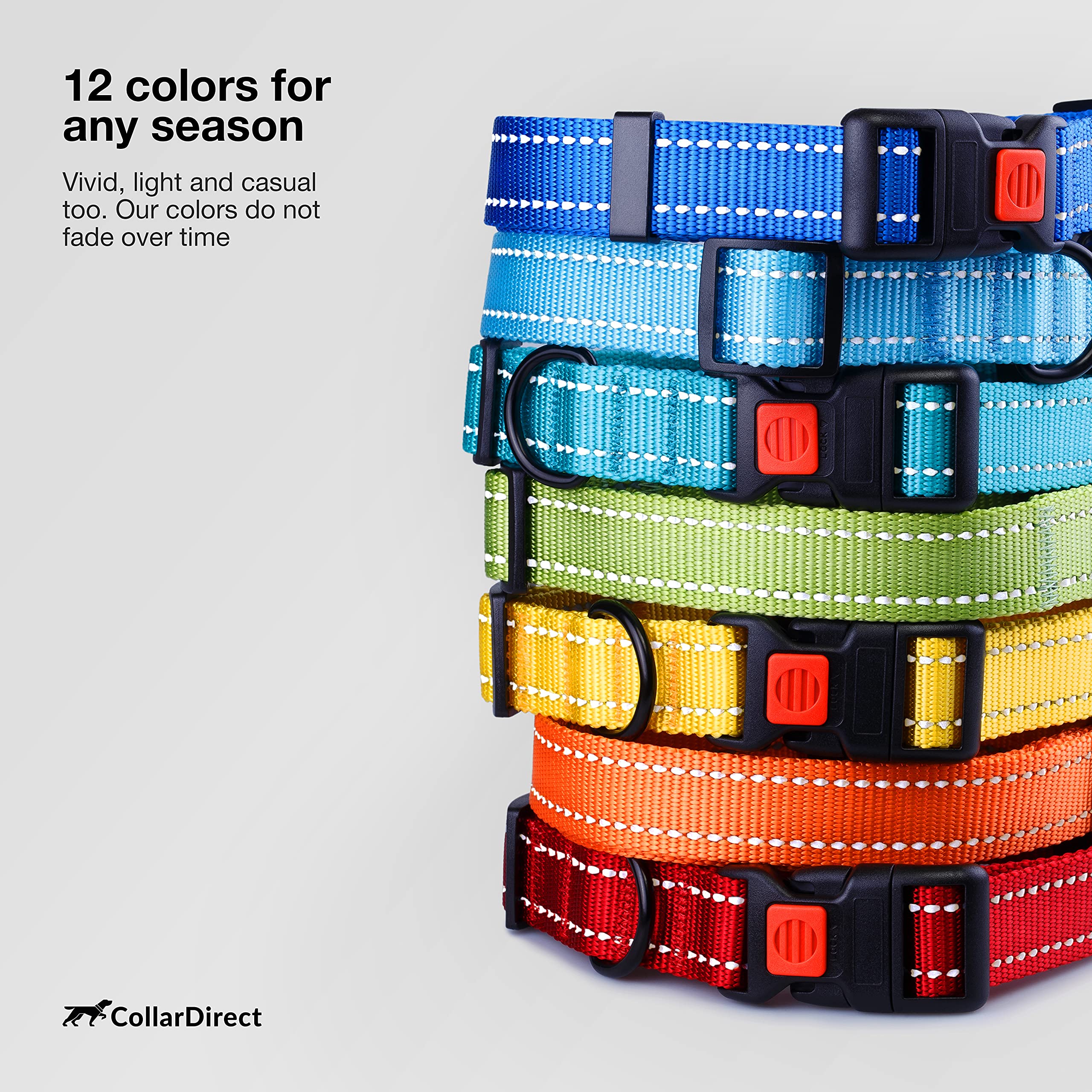 CollarDirect 12-color options display vibrant hues for coordinated looks with matching leashes.