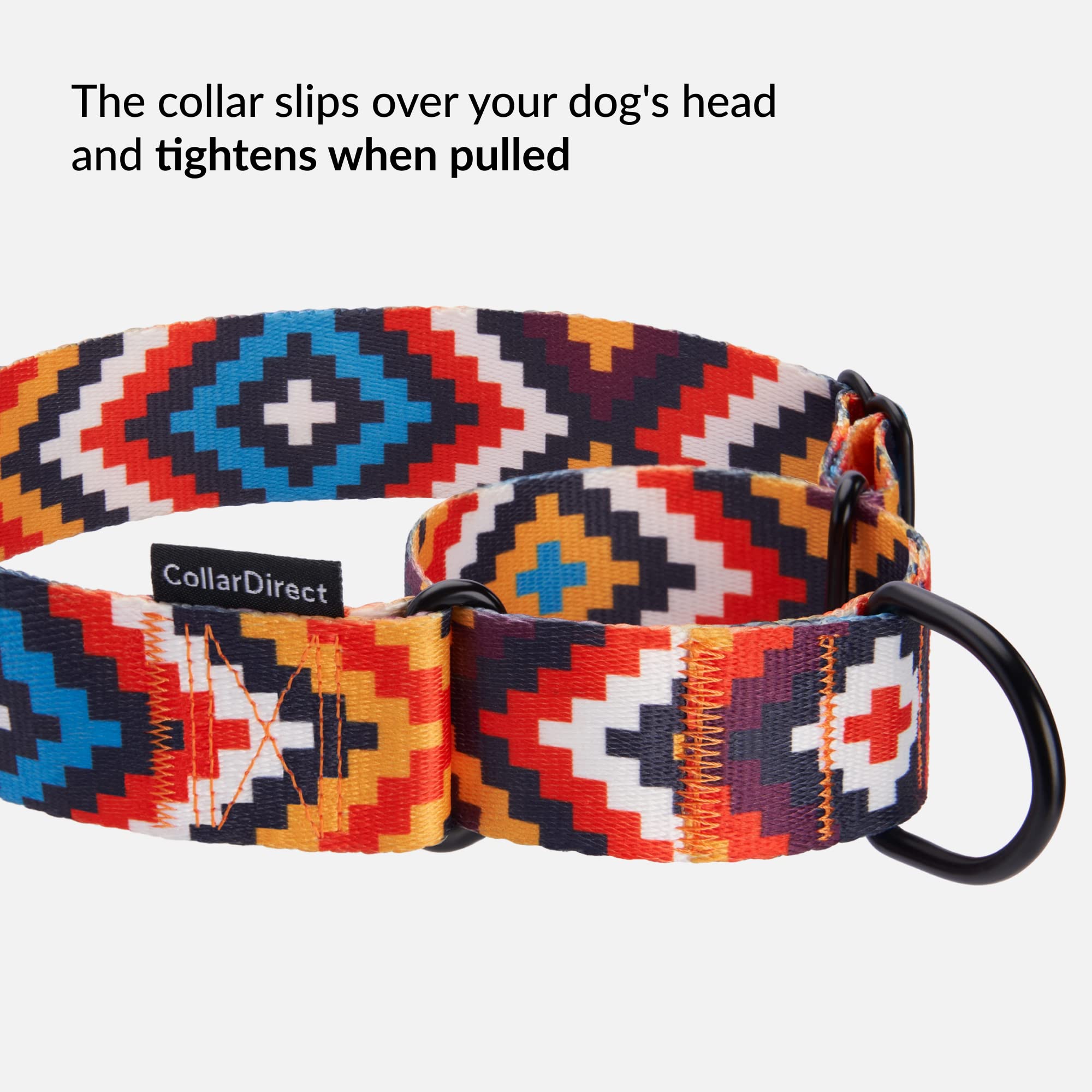 CollarDirect Aztec martingale collar metal hardware closeup highlights sturdy construction for training.