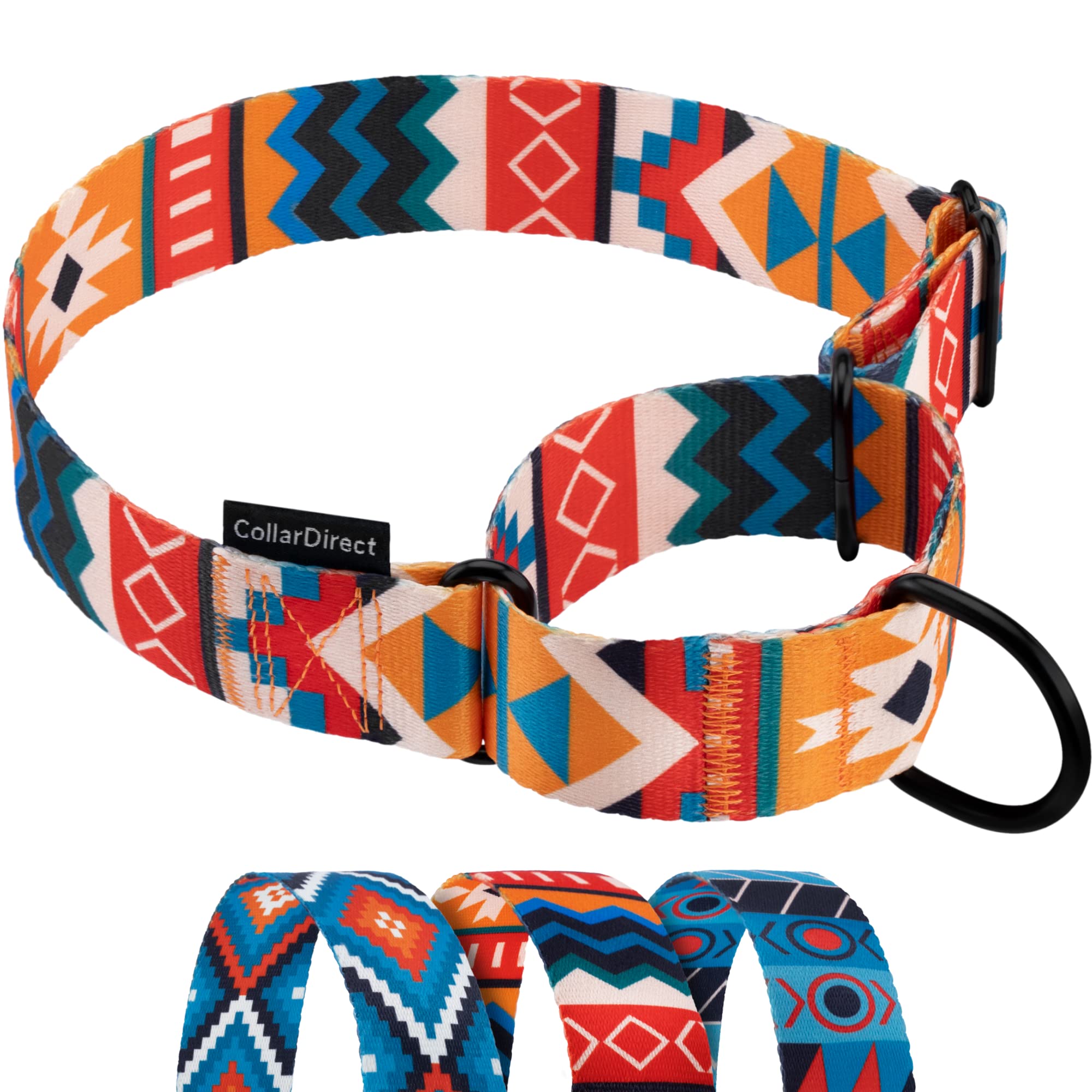 CollarDirect Aztec martingale tribal pattern closeup shows durable nylon for everyday wear.