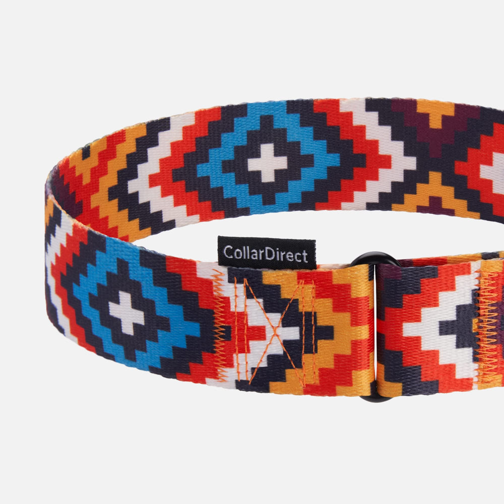 CollarDirect Aztec Pattern dog collar side profile emphasizes vibrant colors that resist fading.
