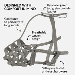 CollarDirect cross-weave leather muzzle demonstrates ventilation.