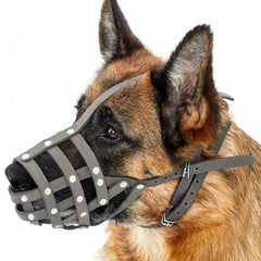 CollarDirect leather basket muzzle close-up shows breathable grey leather.