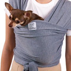 CollarDirect dog sling black wearer demonstrates secure, snug fit for small pets.