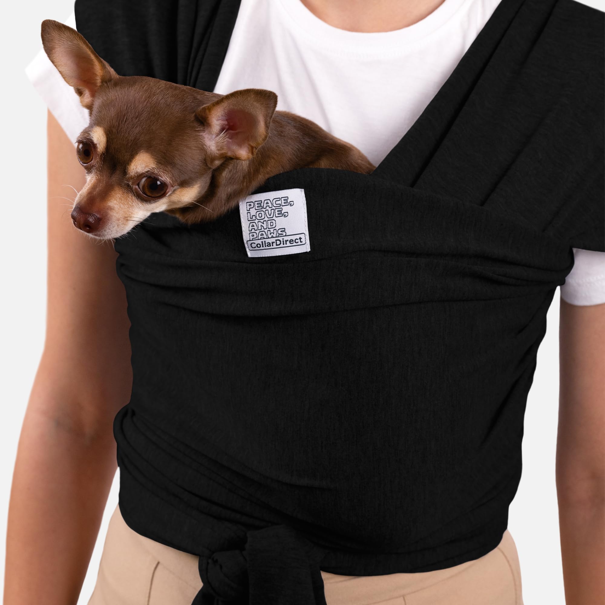 CollarDirect dog sling close up shows secure fit for daily errands