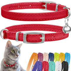 CollarDirect leather cat collar with bell in red—closeup shows durable stitching and visibility.
