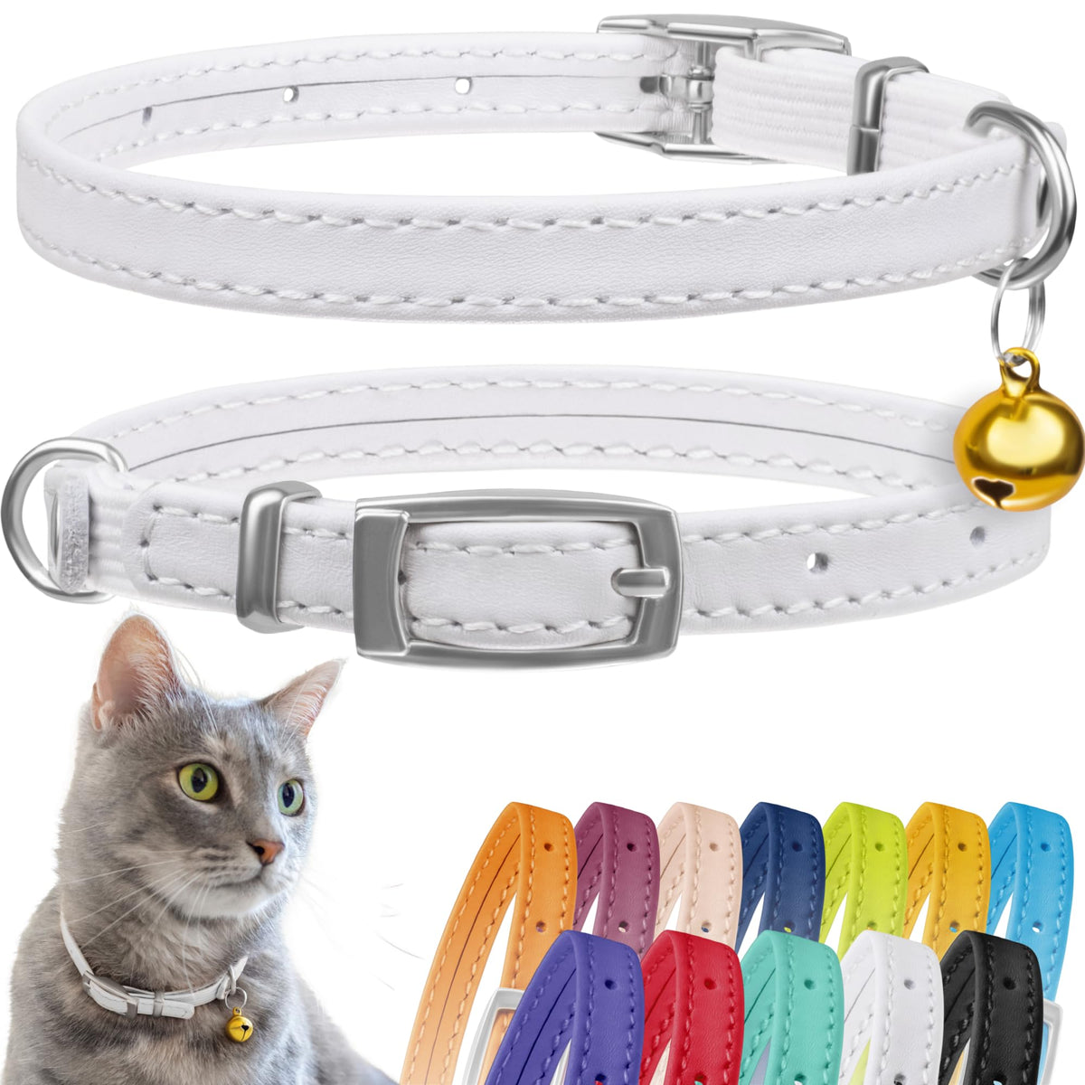 CollarDirect leather cat collar with bell in white for easy visibility.