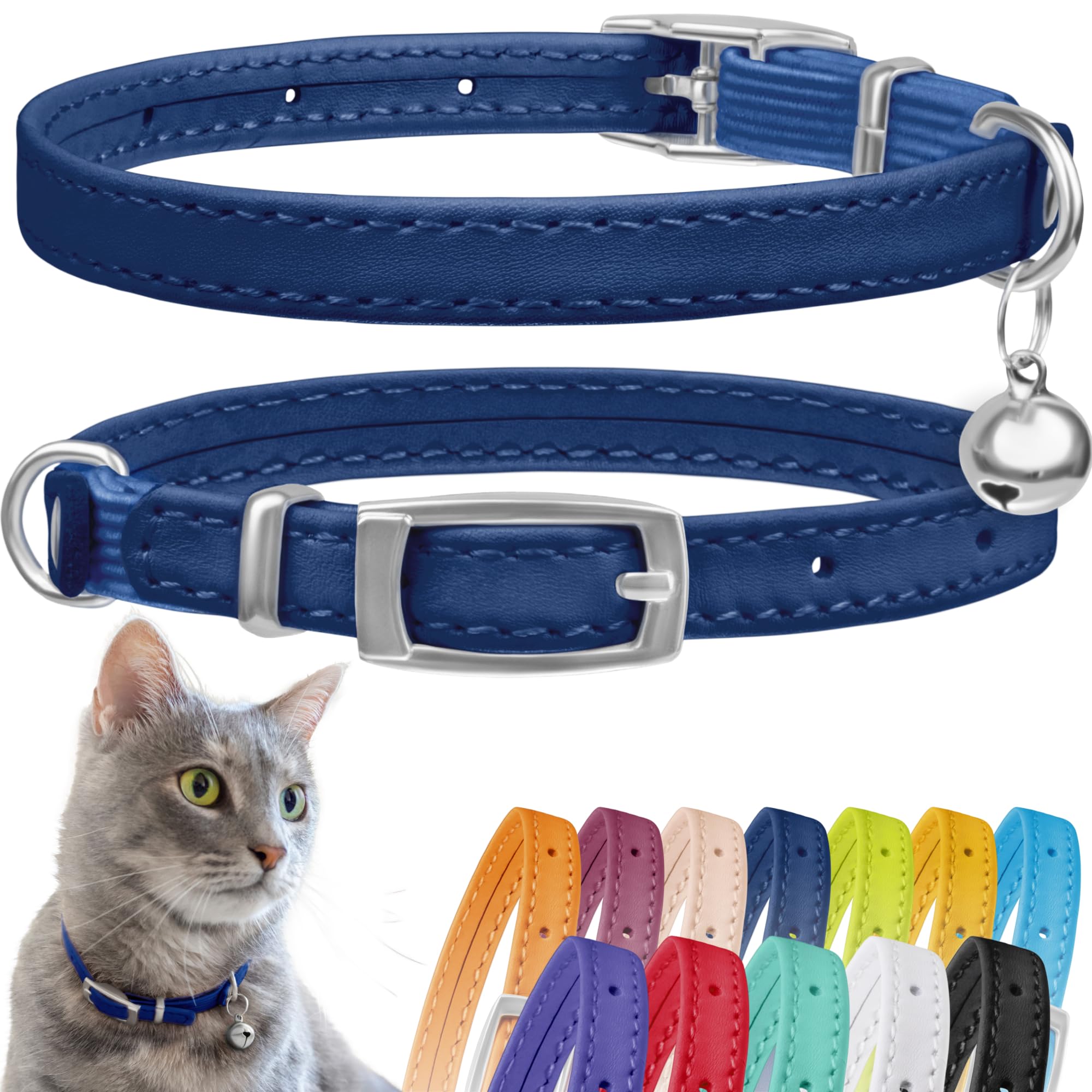 CollarDirect leather cat collar with bell in navy blue for easy spotting.