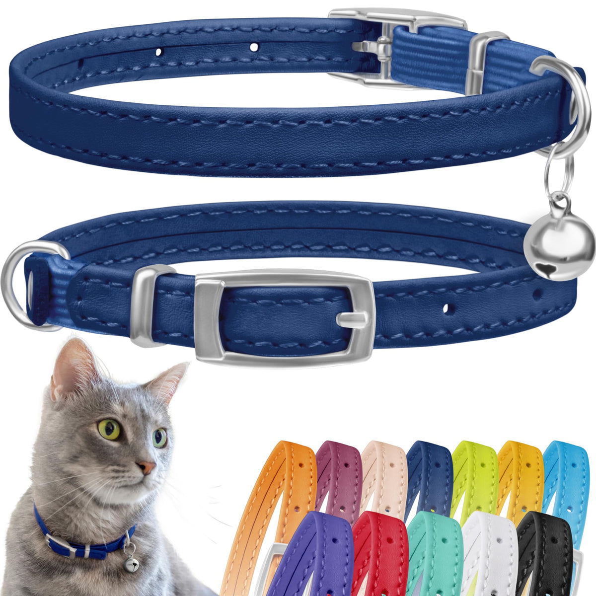 CollarDirect leather cat collar with bell in navy blue for easy spotting.