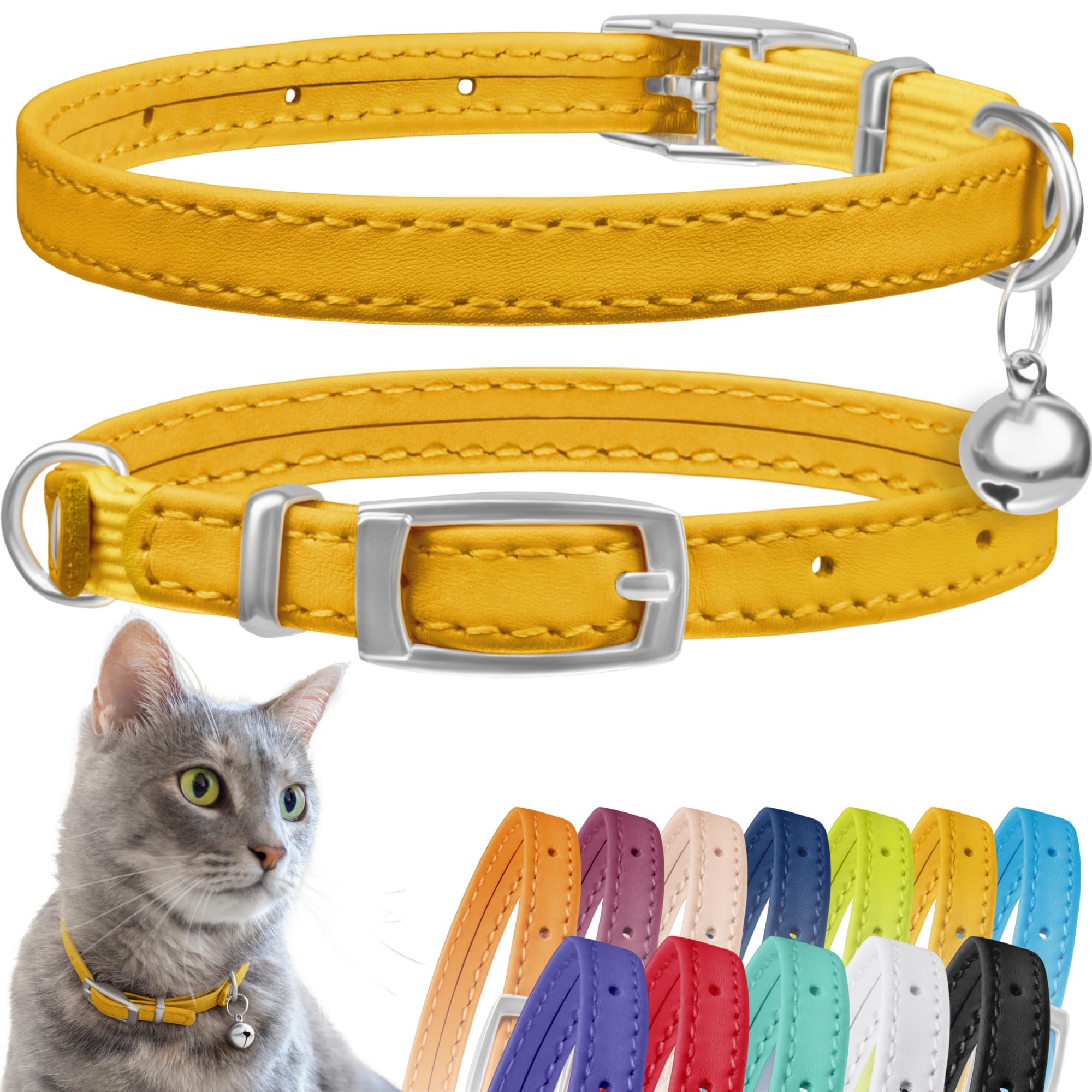 Collardirect leather cat collar yellow bell close-up highlighting bright visibility.