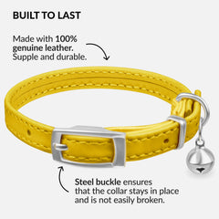 Collardirect leather cat collar yellow close-up highlights hand stitching and premium craftsmanship.
