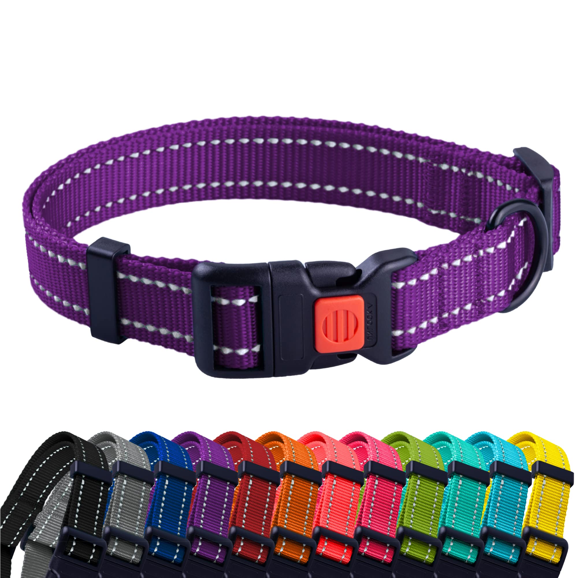 CollarDirect reflective dog collar 12-16 inch purple improves nighttime visibility for safer walks.