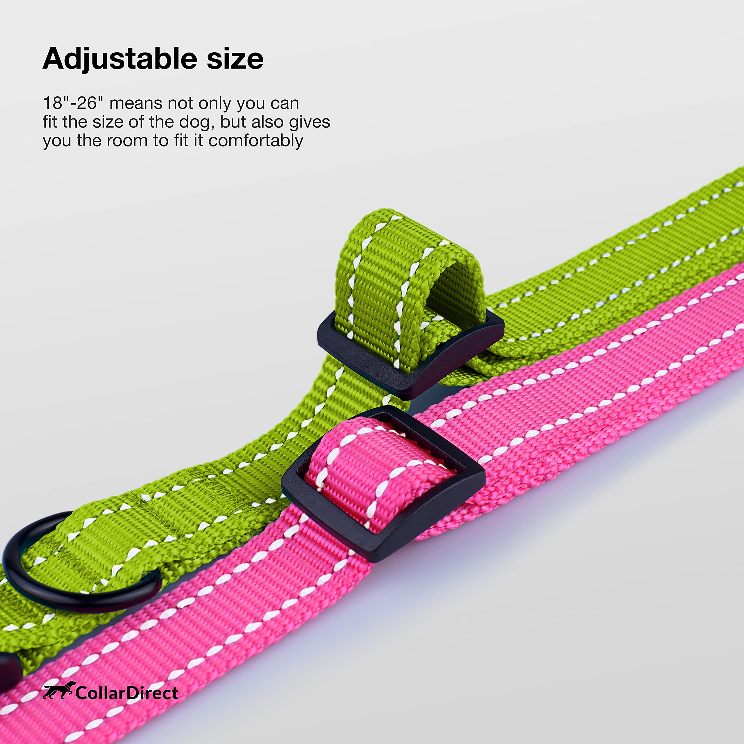 CollarDirect size range from S to XL fits necks 18-26 inches for many breeds.