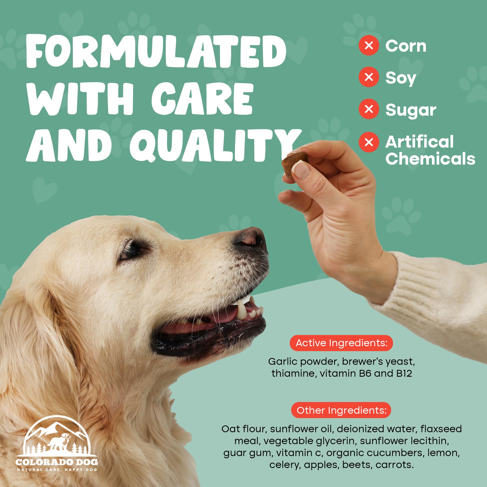 Colorado Dog garlic-brewers-yeast blend helps maintain healthy skin and coat.