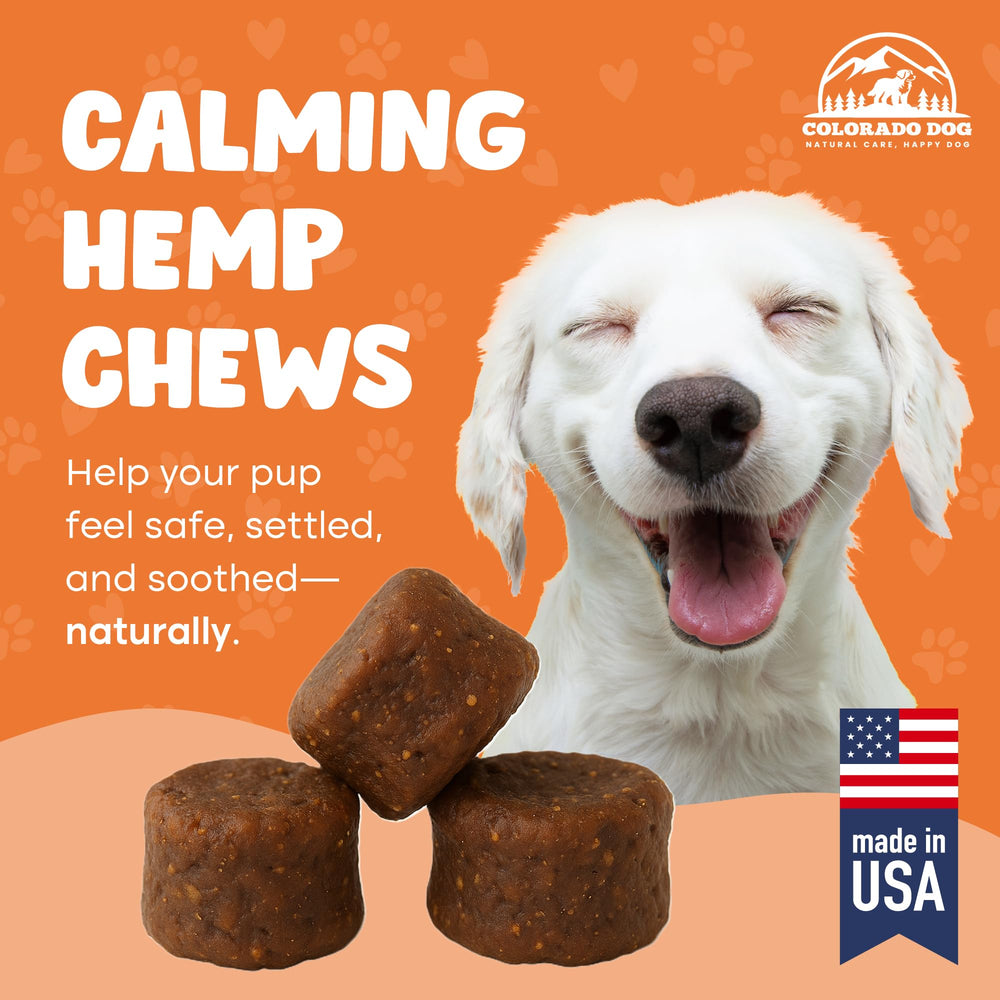 Colorado Dog calming chews dog relaxed on floor illustrates stress relief during anxious moments