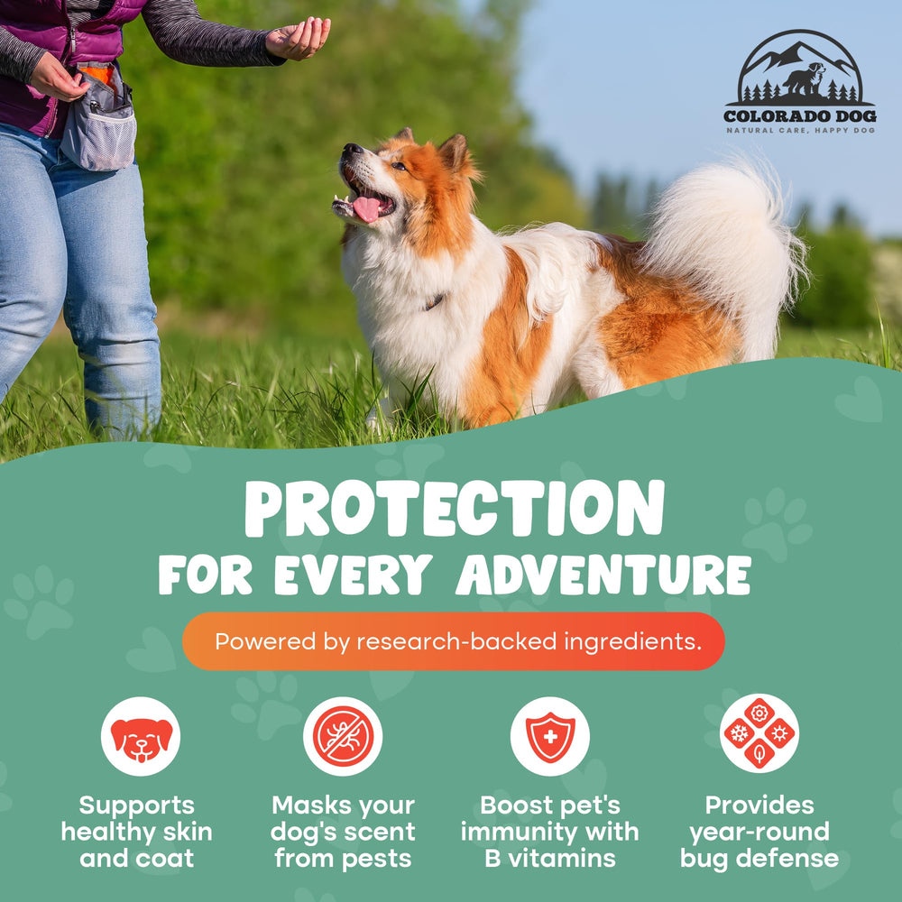 Colorado Dog skin-coat support through garlic and yeast blend.