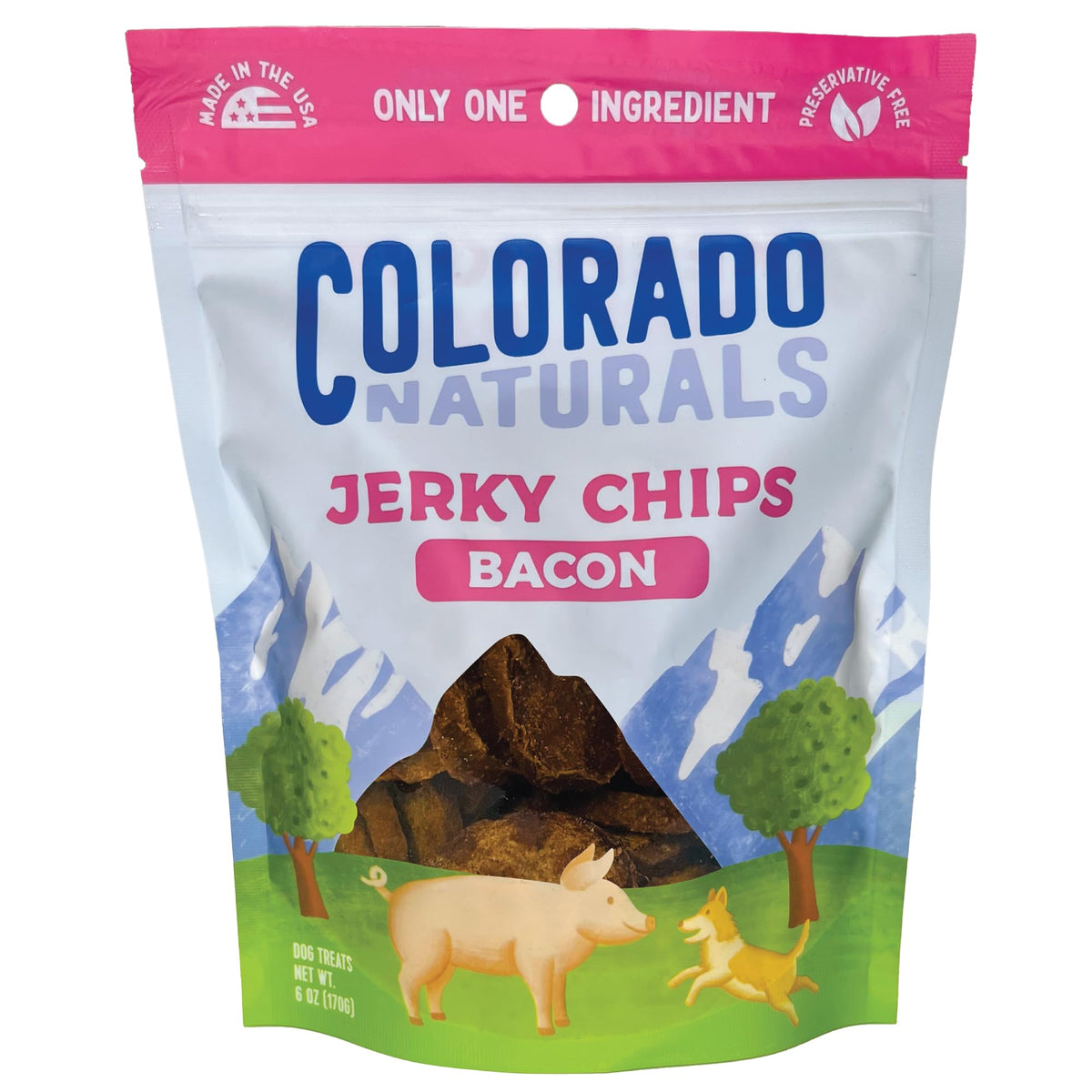 Colorado Naturals Bacon Jerky Chips pack – all-natural dog treats for daily rewards.