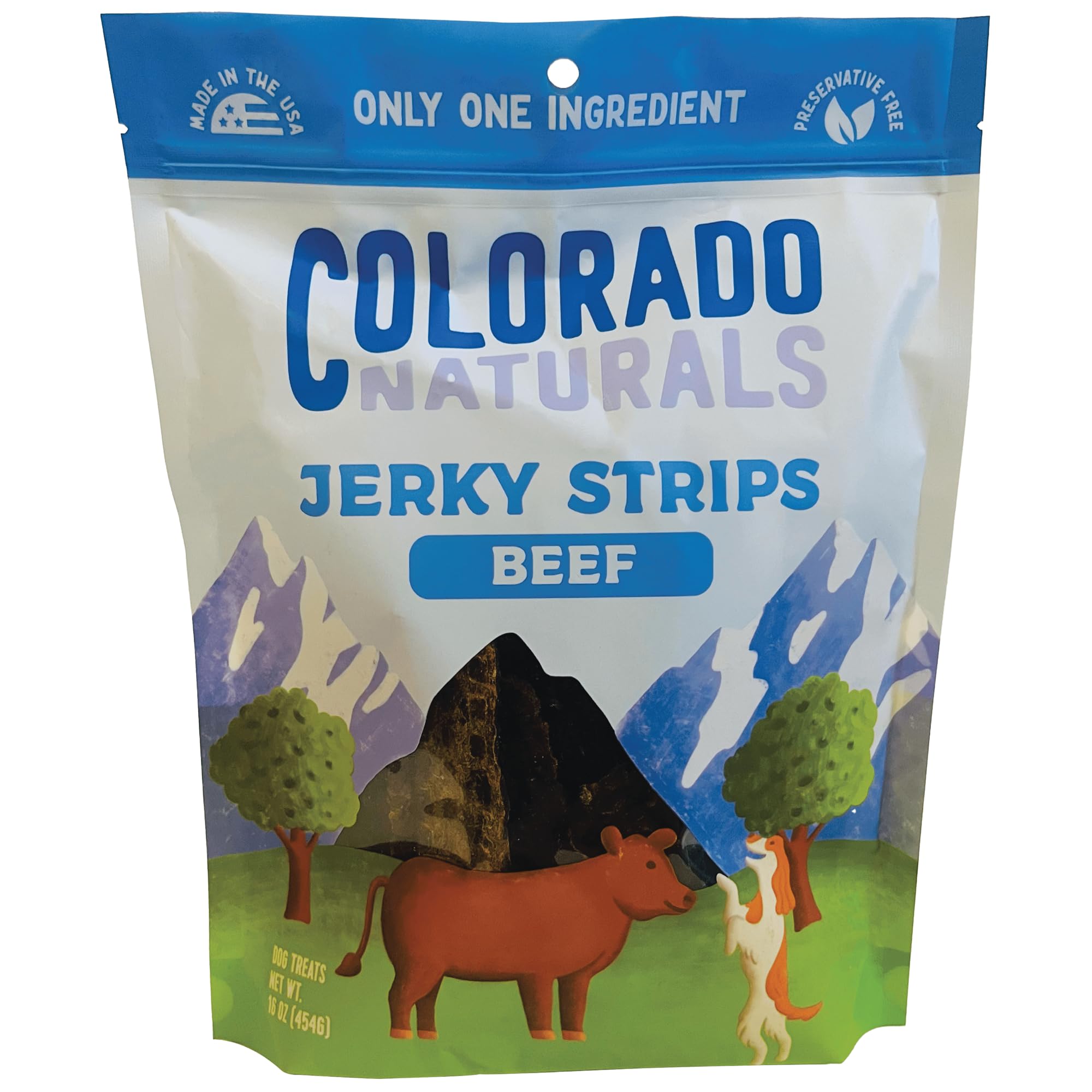 Colorado Naturals beef jerky strips bag view; all-natural, USA-made dog treats.