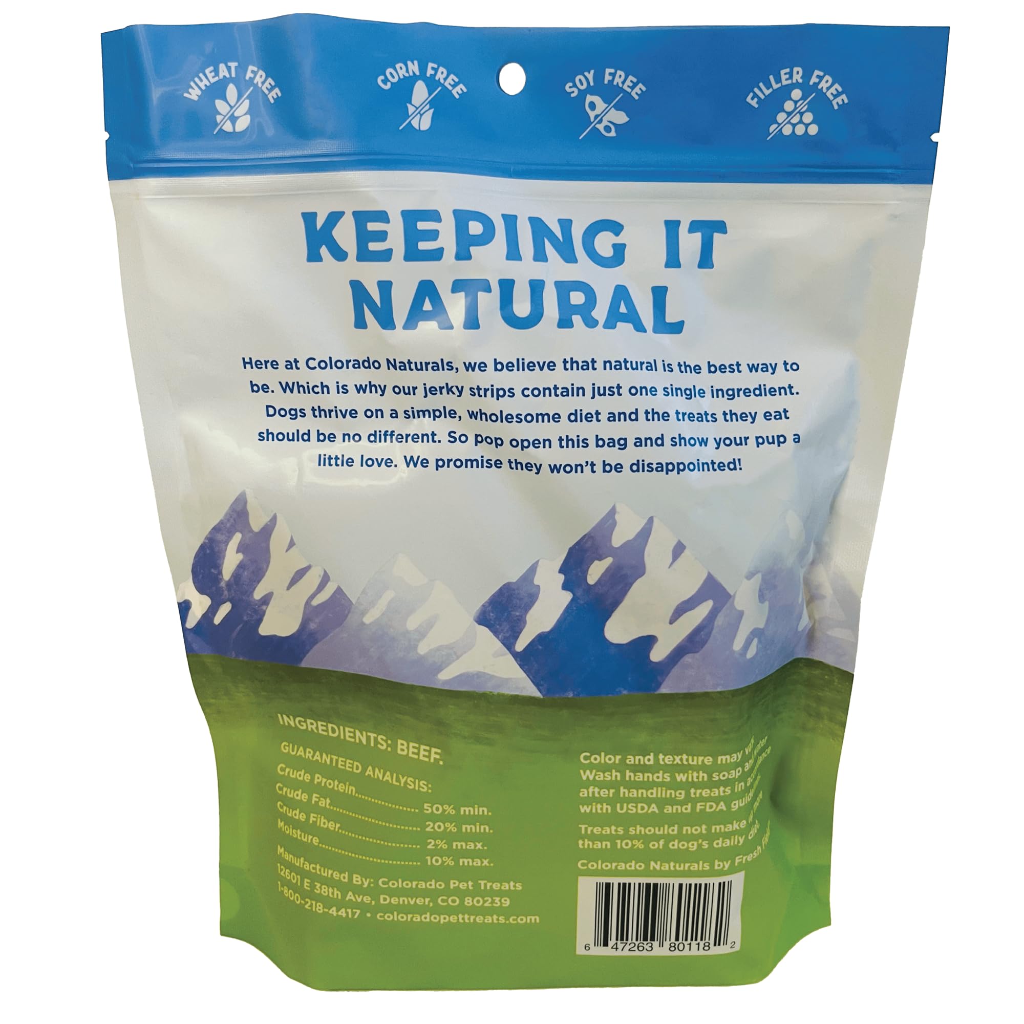 Colorado Naturals beef jerky strips closeup bite; chewy texture for training rewards.
