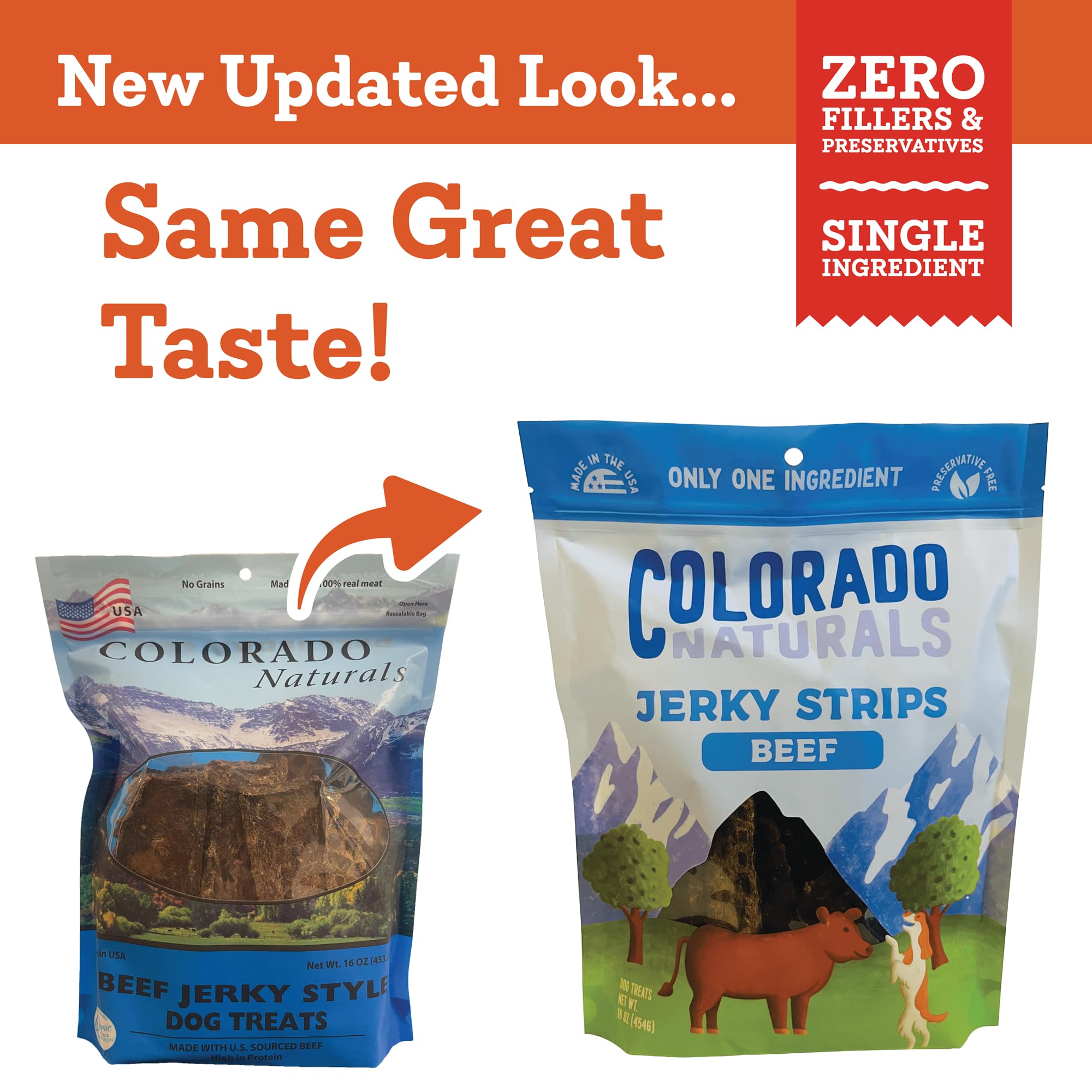 Colorado Naturals beef jerky strips dog snack portion; easy to break for dogs of all sizes.