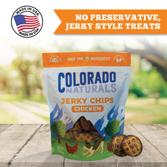 Colorado Naturals Chicken Jerky Chips closeup—tender texture and real ingredients for dogs.