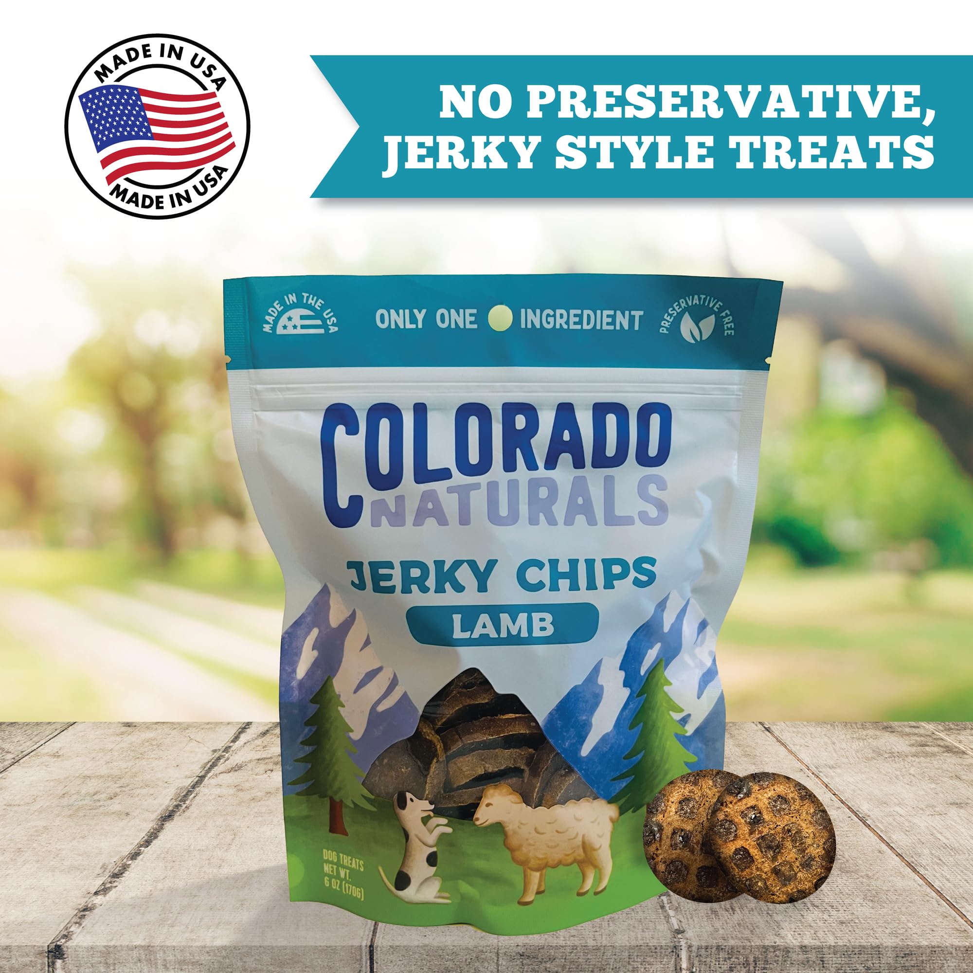 Colorado Naturals Lamb Jerky Chips close-up of lean lamb pieces with vitamins for coat health