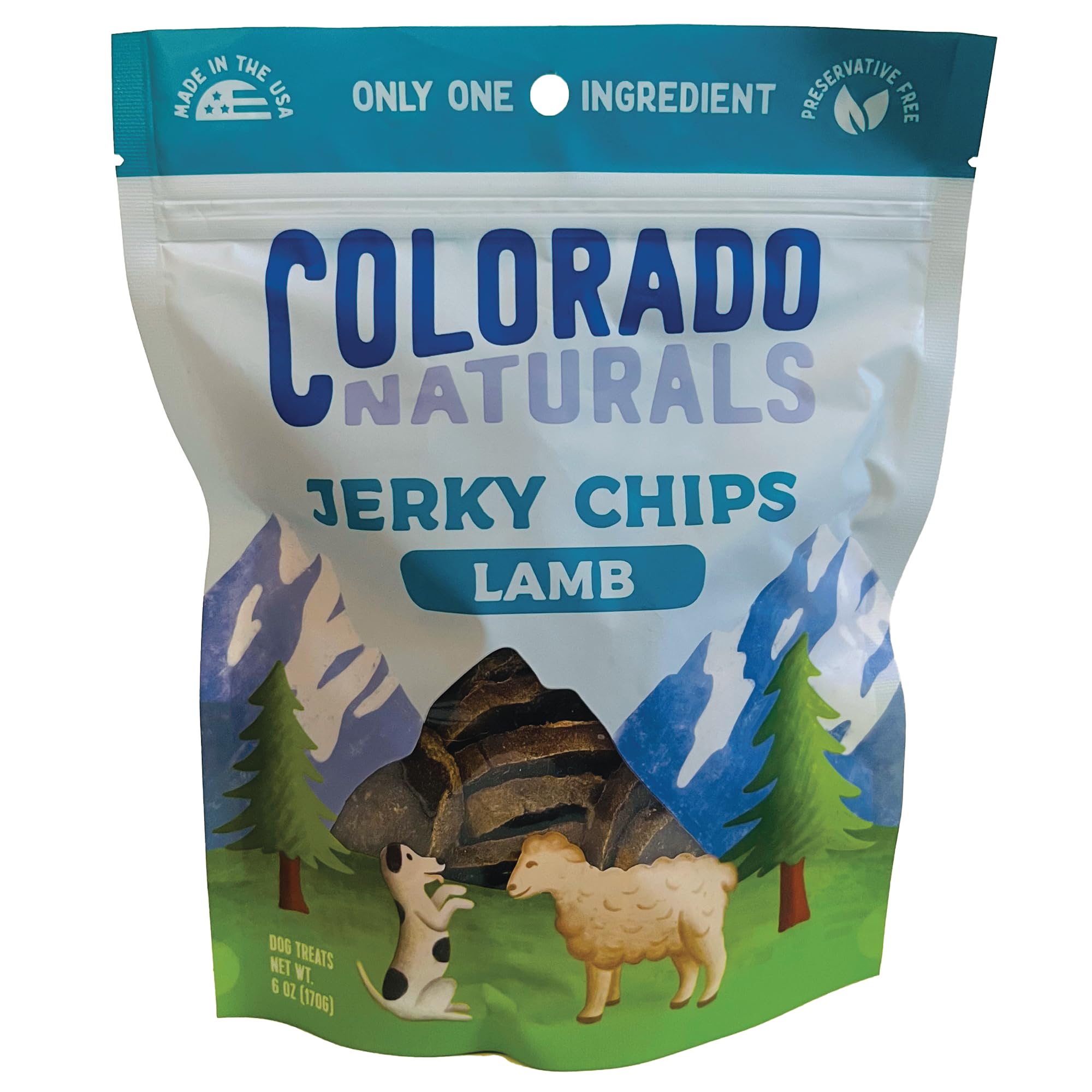 Colorado Naturals Lamb Jerky Chips pack shot showing premium, all-natural dog treats for training rewards