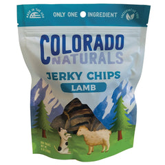 Colorado Naturals Lamb Jerky Chips pack shot showing premium, all-natural dog treats for training rewards