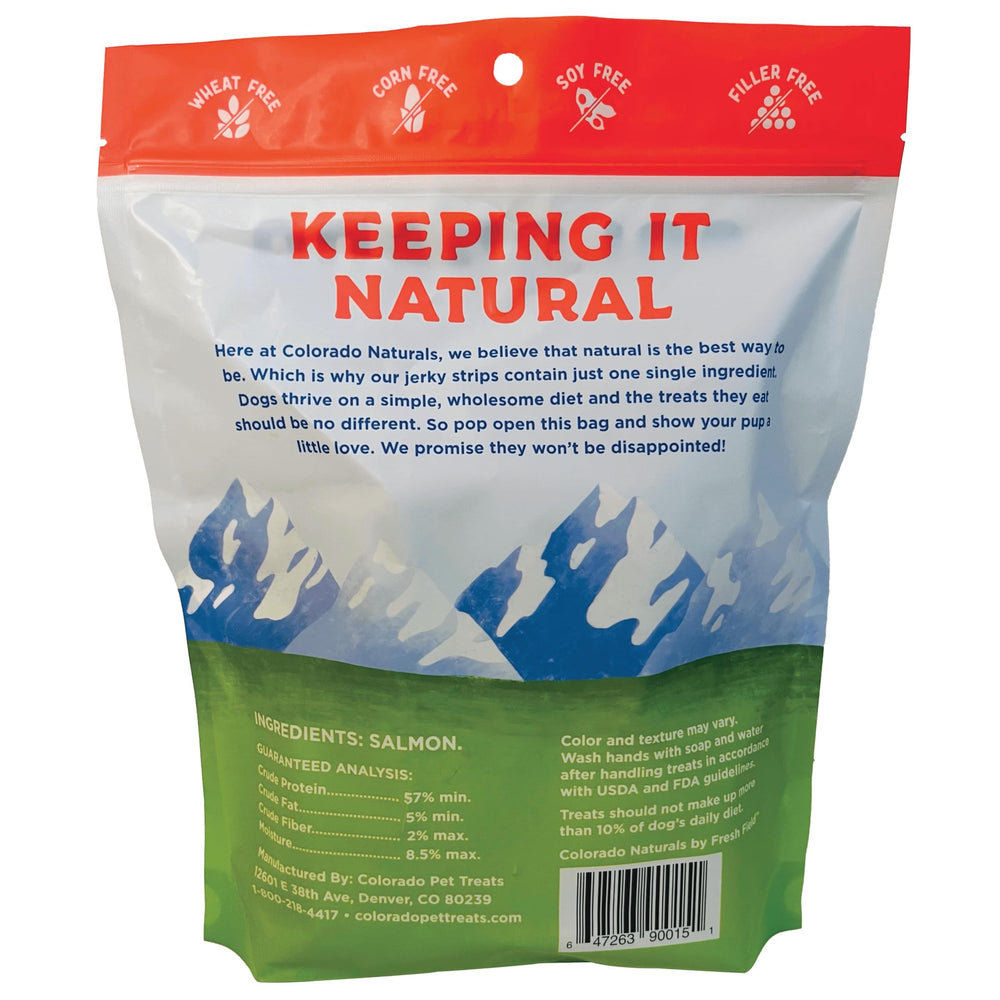 Colorado Naturals Salmon Jerky Strips rewards image emphasizes training-friendly treats.