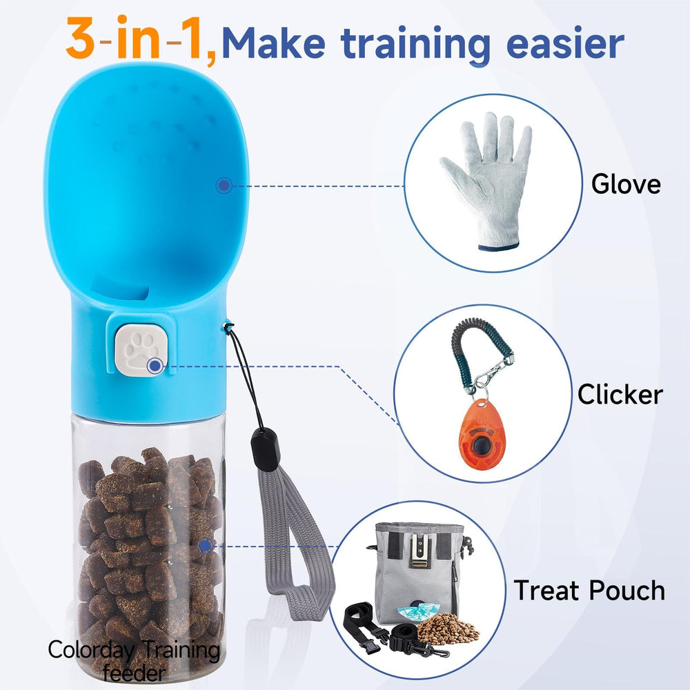Colorday dispenser with treat pouch during walking training.