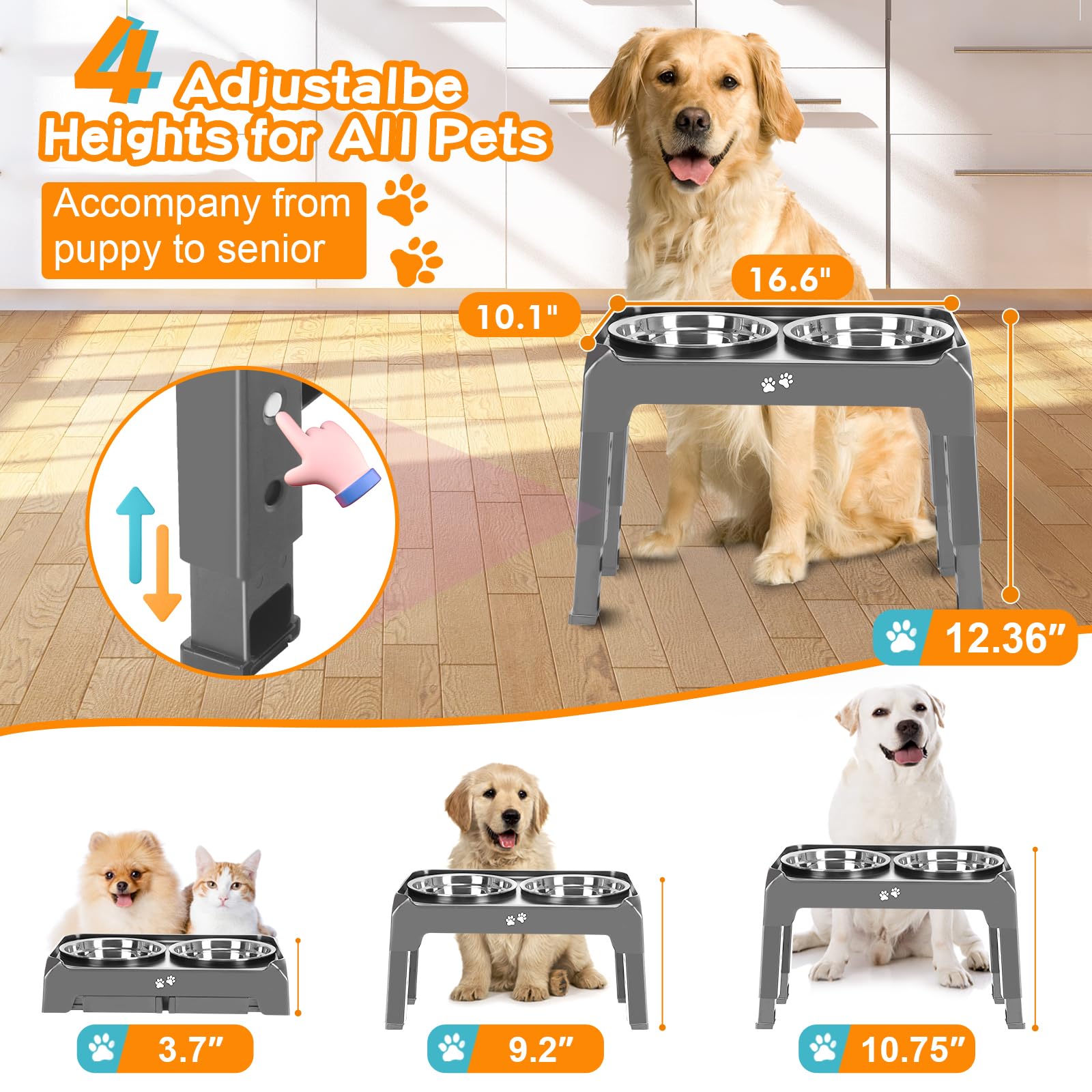 COMESOON adjustable heights show 3.7 in to 12.36 in for growing dogs