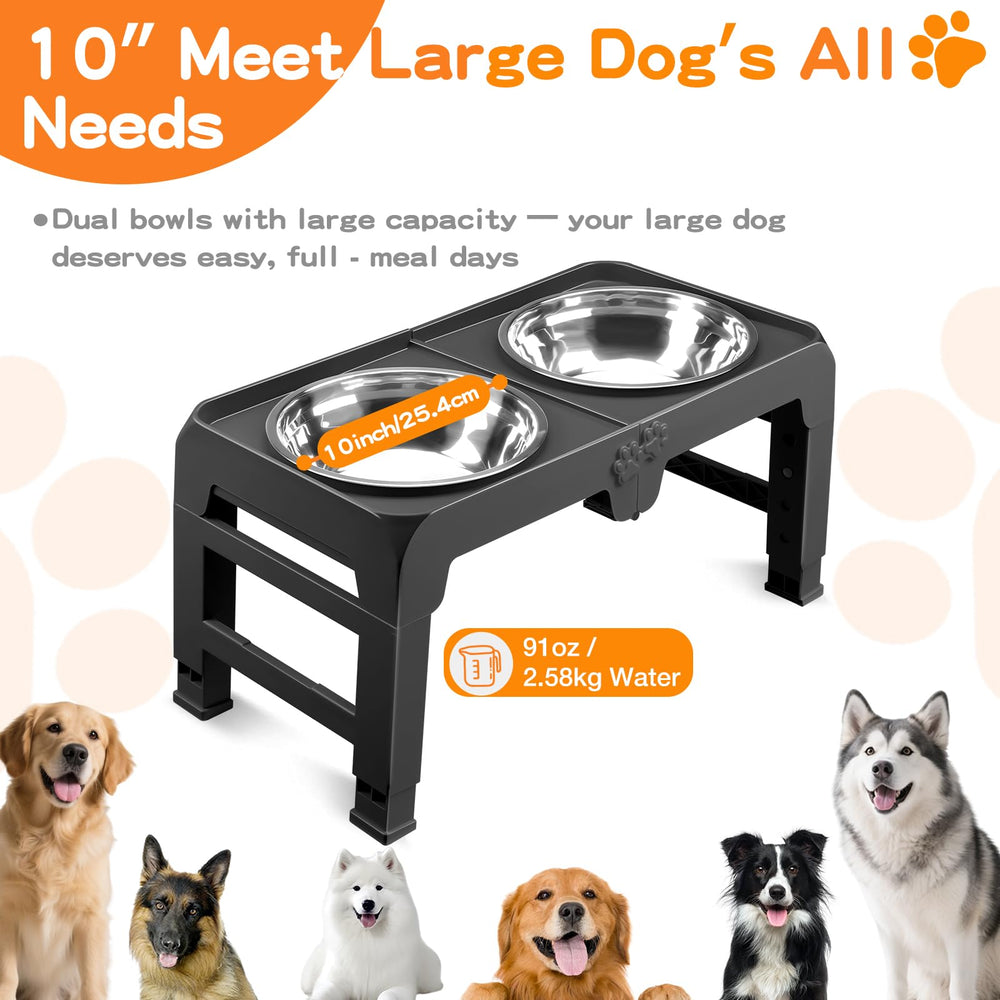 COMESOON elevated dog bowl stand with 10-inch bowls for large dogs.