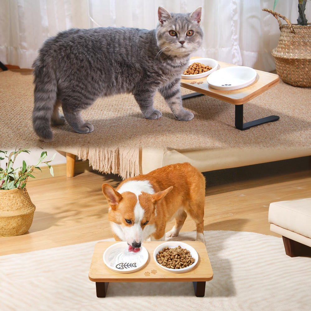 COMESOON ceramic cat bowl shown with elevated stand compatibility for neater feeding.