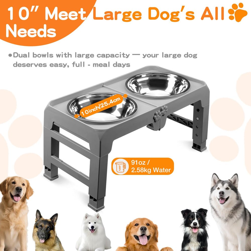 COMESOON five-height-adjustable stand — ergonomic dining height for different dogs.