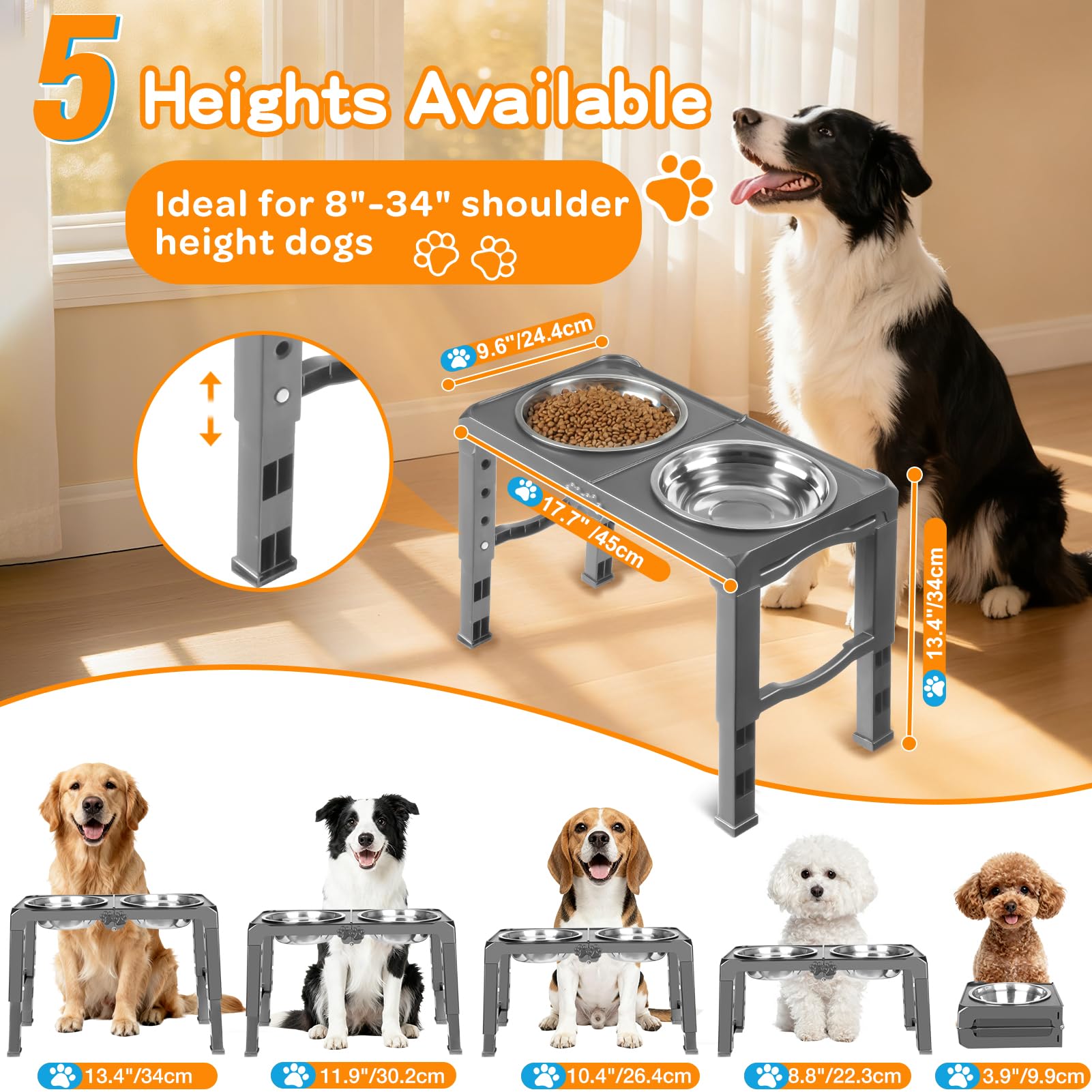COMESOON five-height levels illustrated for ergonomic feeding across growing puppies and seniors.
