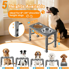 COMESOON five-height levels illustrated for ergonomic feeding across growing puppies and seniors.