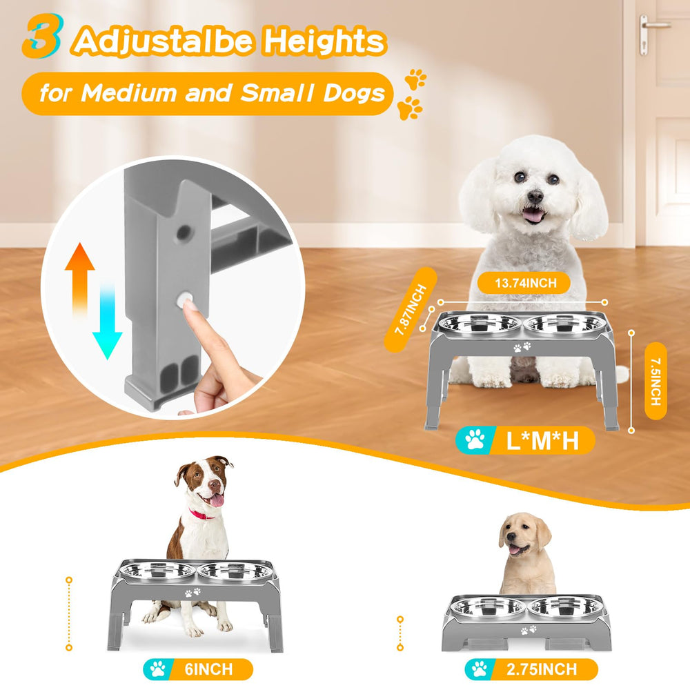COMESOON height adjustable stand shows 2.75, 6, 7.5 inches for growing dogs